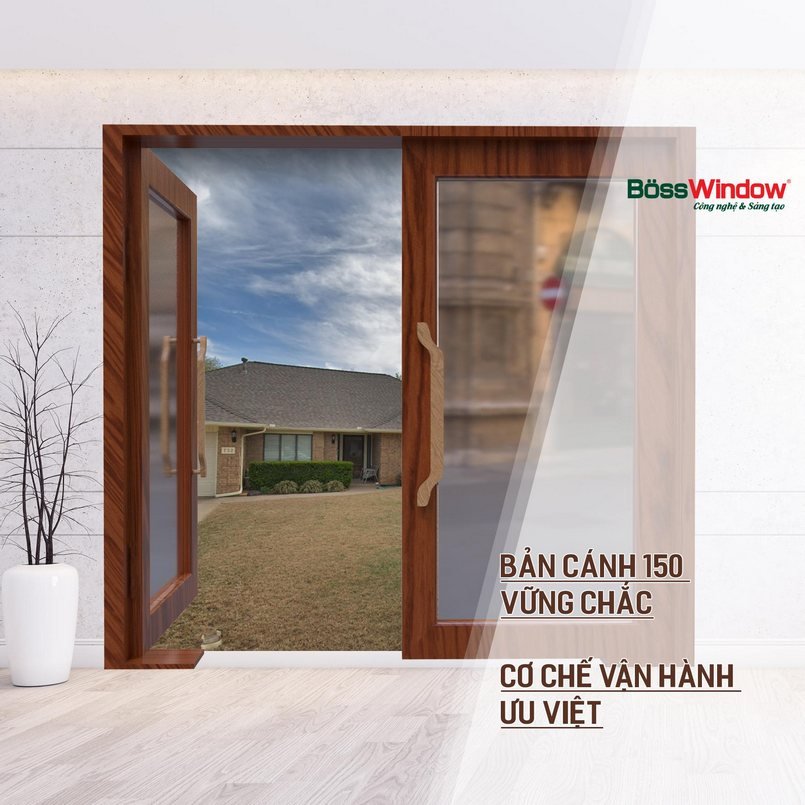 Mẫu cửa nhôm vân gỗ 2 cánh cửa thủy lực