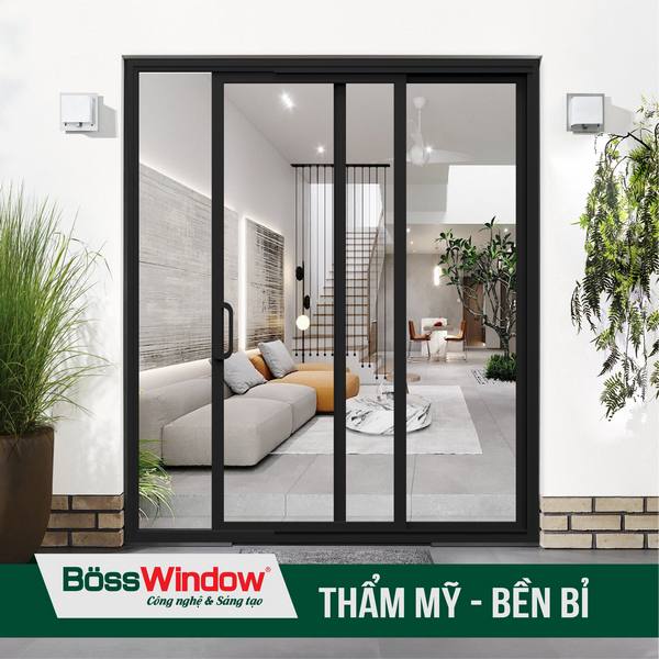 Mẫu cửa lùa nhôm kính 2 cánh màu đen cửa đi chính